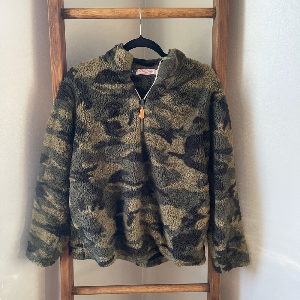 Pink Lily Camouflage Fleece Quarter-Zip Jacket